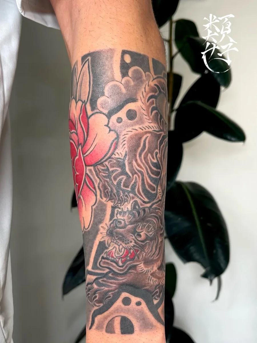 Japanese dragon sleeve tattoo with black and red details by Luise (Lulu)