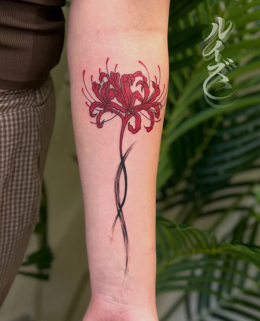 Red spider lily tattoo on the forearm by Luise (Lulu)